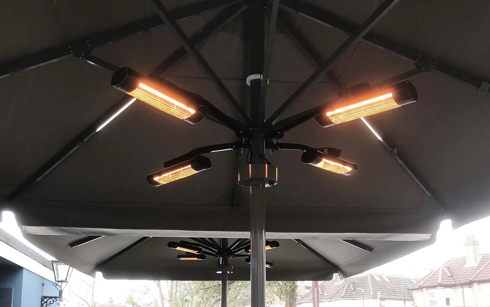 Umbrella heaters with push for heat timers and auto cut off safety feature