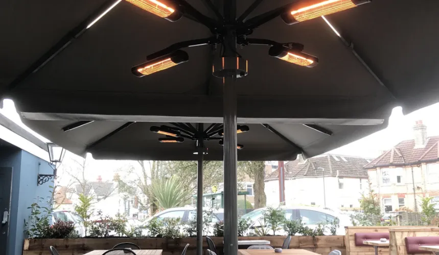 Shade umbrella with heating system for outdoor living by Aztec
