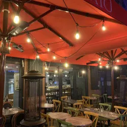 Pub Garden canopies installed in Leicester Square London UK Aztec Umbrellas in use at Leicester Square London for restaurant guests to sit beneath.